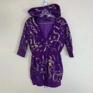 Coogi Purple Gold Short Sleeve Hooded Zip Up Bling Y2K Long Zip Hoodie L